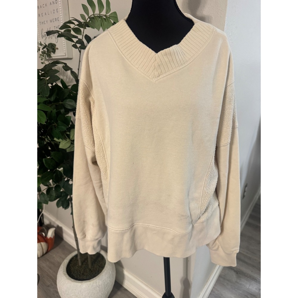 Aerie Cream V-Neck Oversized Sweatshirt Textured Side Panels Pullover